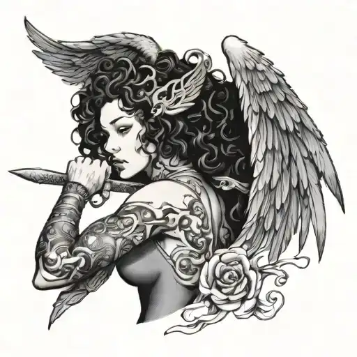 woman with curly hair, a halo, wings, and a sword killing an Asian monster tattoo design idea