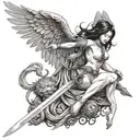 woman with angel wings killing an asian monster with a sword tattoo design idea
