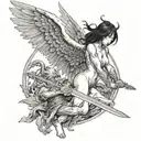 woman with angel wings killing an asian monster with a sword tattoo design idea
