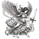woman with angel wings killing an asian monster with a sword tattoo design idea