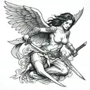 woman with angel wings killing an asian monster with a sword tattoo design idea