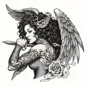 woman with curly hair, a halo, wings, and a sword killing an Asian monster tattoo design idea