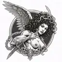woman with curly hair, a halo, wings, and a sword killing an Asian monster tattoo design idea