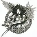 woman with curly hair, a halo, wings, and a sword killing an Asian monster tattoo design idea