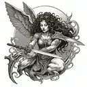 woman with curly hair, a halo, wings, and a sword killing an Asian monster tattoo design idea