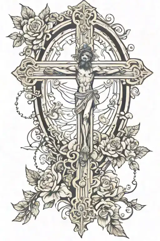 rosary and crucifix artwork telling story tattoo design idea