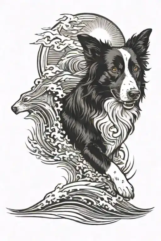 Border Collie and the Sun Inside with Waves tattoo design idea