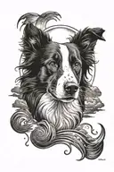 Border Collie and the sun inside with waves and moon tattoo design idea