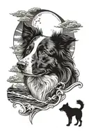 Border Collie and the sun inside with waves and moon tattoo design idea