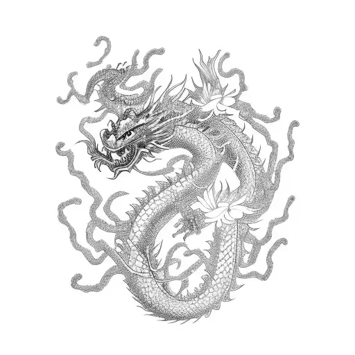 A Chinese Dragon incorporating elements of Hawaiian flora and fauna, such as hibiscus flowers and sea turtles tattoo design idea