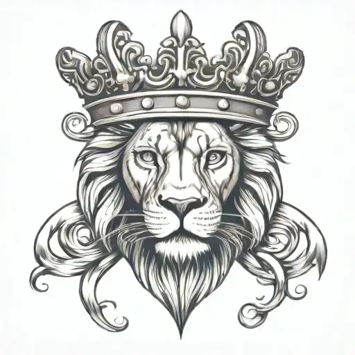 lion face with a scottish crown, imposed on two heart's  tattoo design idea