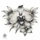 A black and grey tattoo of an orchid blooming on a sandy beach, blending the client's favorite flower with their love for the beach tattoo design idea