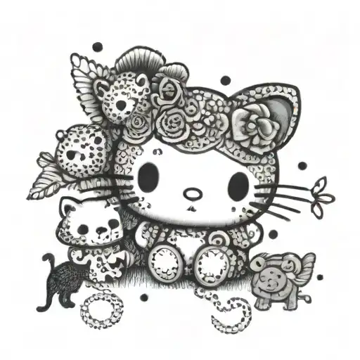 A dotwork tattoo of a cute hello kitty surrounded by various animals like a panda, elephant, and giraffe, representing the client's favorite things tattoo design idea