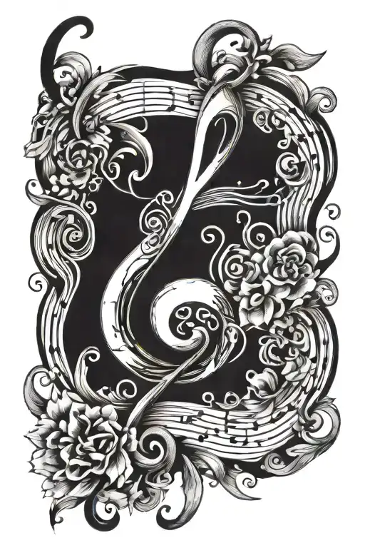 A whimsical blackwork tattoo of a music note intertwined with a paintbrush, symbolizing the client's love for music and art tattoo design idea