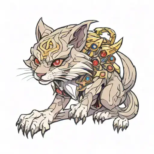 A mystical creature inspired by gaming and Inuyasha, surrounded by smoky quartz crystals tattoo design idea