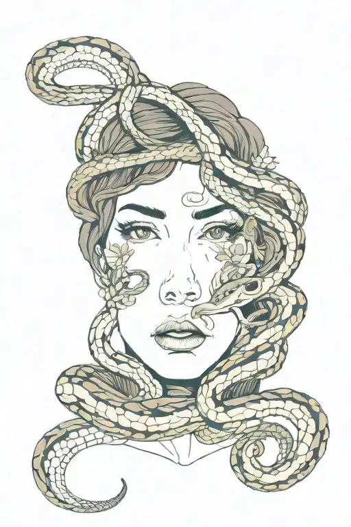 woman's face and neck with a lot of snakes and a floral background  tattoo design idea