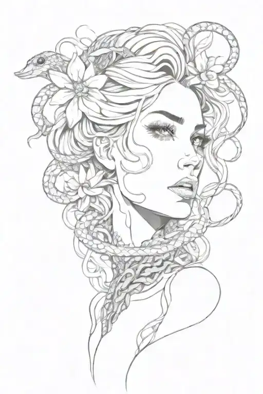woman's face and neck with a lot of snakes and floral  tattoo design idea