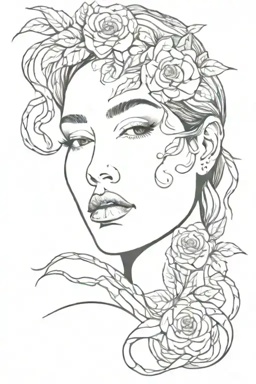 woman's face surrounded by snakes with floral background  tattoo design idea