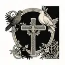 roman numerals surrounded by doves and a cross honoring a death, not too big tattoo design idea