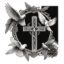 roman numerals surrounded by doves and a cross honoring a death, not too big tattoo design idea
