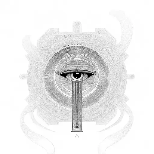 An intricate geometric design inspired by ancient Egyptian hieroglyphics incorporating elements of the eye of Horus and a labyrinth tattoo design idea