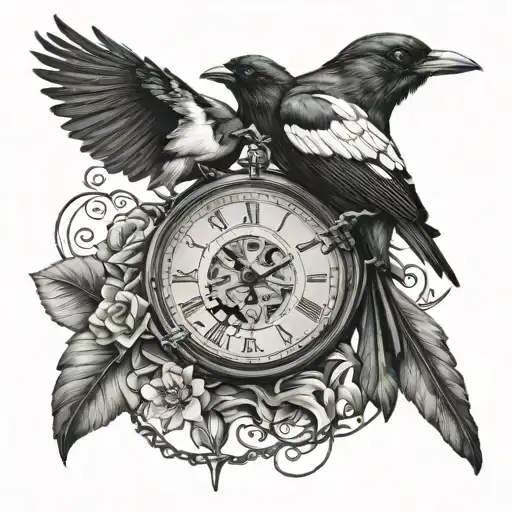 magpie and pocket watch surrounded tattoo design idea