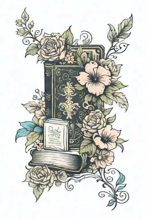fantasy book surrounded by bold floral tattoo design idea