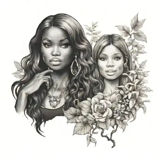 One black barbie and a brunette barbie hanging out in nature tattoo design idea