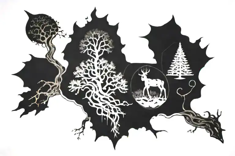 depicting the creation of the world, including the first gods and creatures. Yggdrasilt (world tree) across entire back tattoo design idea