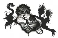 depicting the creation of the world, including the first gods and creatures. Yggdrasilt (world tree) across entire back tattoo design idea