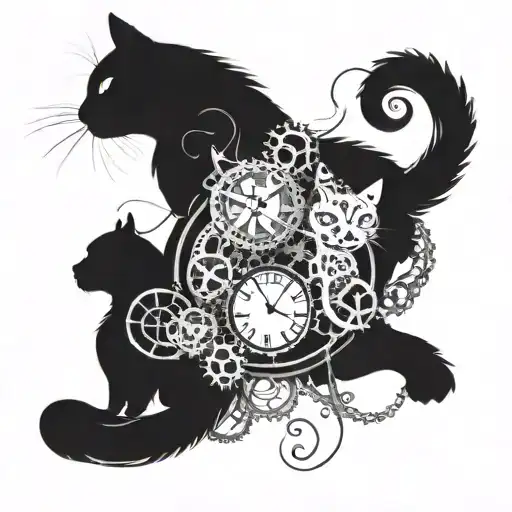 A mechanical watch with intricate gears and cogs intertwined with delicate cat silhouettes tattoo design idea