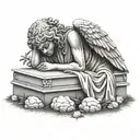 weeping realistic stone angel laying over a grave crying face down  tattoo design idea