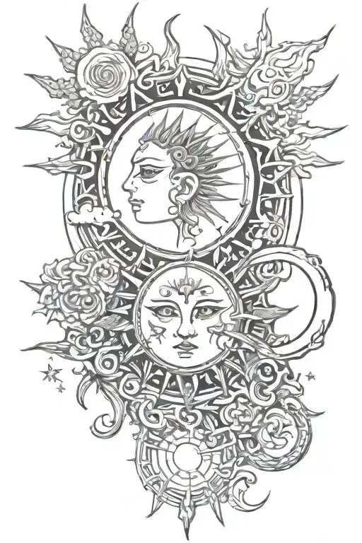 sun, moon, japan, gothic style tattoo design idea