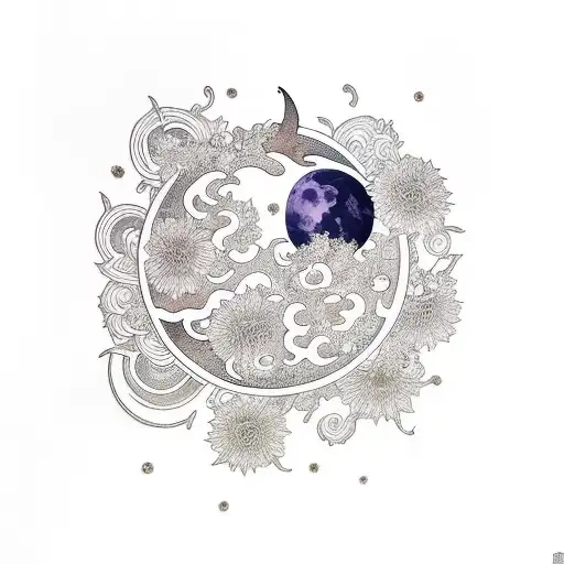 flowers, moon, sun, vines tattoo design idea