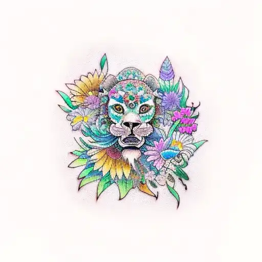 A colorful tattoo of animals and flowers inspired by the Caribbean tattoo design idea