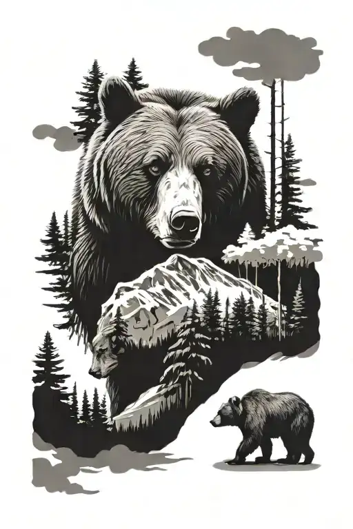 bear and forest house road tattoo design idea