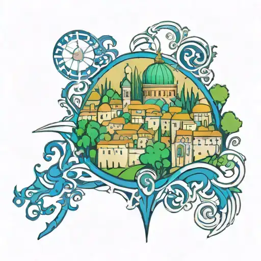 A tattoo design of the city of Jerusalem with green and blue accents tattoo design idea