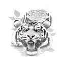 Tiger climbing down surrounded by indigenous flowers tattoo design idea