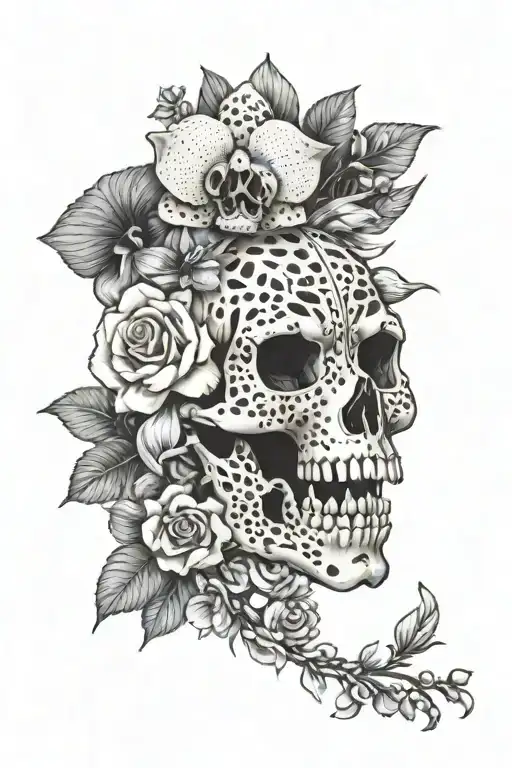 scull of cheetah with cross and roses and orchids  tattoo design idea