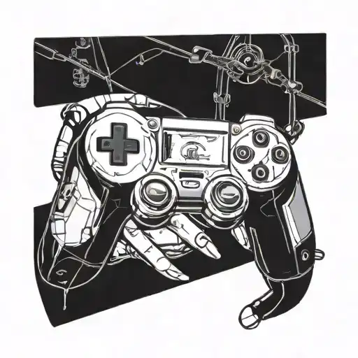 A tattoo of a futuristic cybernetic arm holding a gaming controller, with a subtle nod to anime style elements tattoo design idea