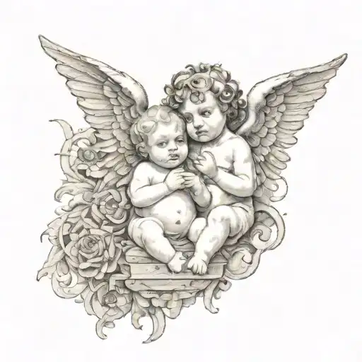 Two gothic cherub babies one a girl one a boy with a lament configuration box in the center point for the neck tattoo design idea