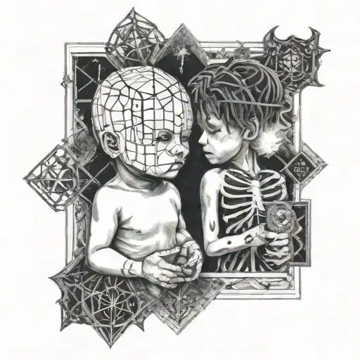 Two gothic babies one a girl and one a boy, with the lament configuration box from hellraiser in the center tattoo design idea