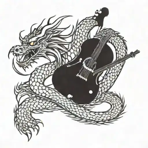 An oriental-style dragon, coiled around a Fender Precision electric bass, and in its legs a square and a compass tattoo design idea