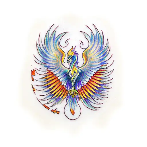 Phoenix with orange, red, yellow, and purple on the edge of the wings tattoo design idea