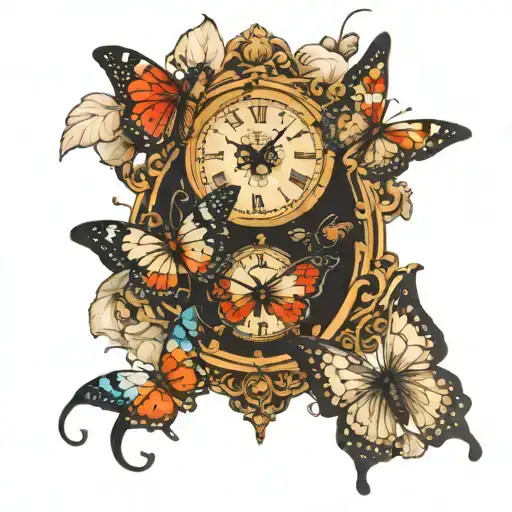 3 butterflies connected by a clock tattoo design idea