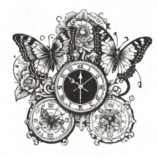 3 butterflies connected by a clock tattoo design idea