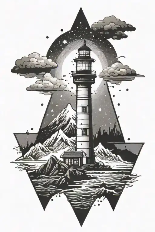 triangle anime wave lighthouse mountains silhouette of man tattoo design idea