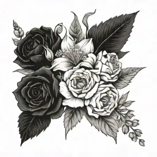 A single bouquet of flowers , rose, honeysuckle, gladiolus, poppy, marigold and cosmos , blank background  tattoo design idea