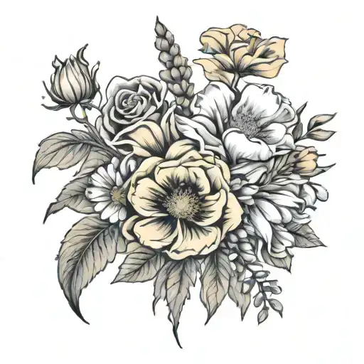 A single bouquet of flowers , rose, honeysuckle, gladiolus, poppy, marigold and cosmos , blank background  tattoo design idea