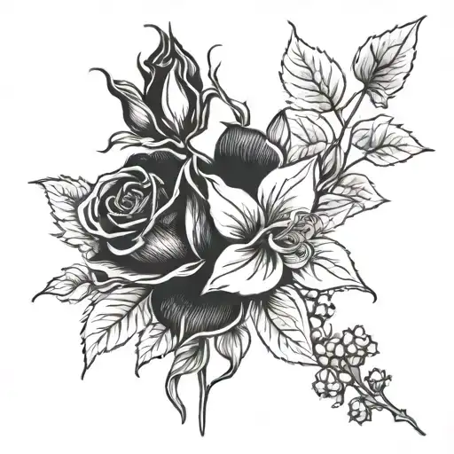 one rose with stem , honeysuckle with stem, gladiolus, poppy, marigold and cosmos with stems, blank background  tattoo design idea